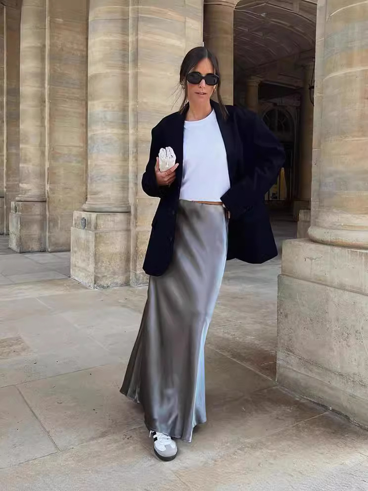 45 ° Bias-Cut Japanese Imported Triacetate Satin Maxi Skirt for Women, Autumn and Winter High-Waisted Fishtail A-Line Long Skirt