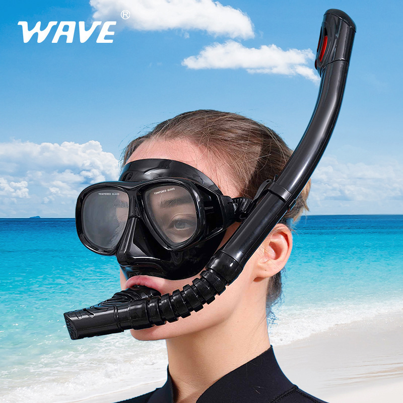wave professional snorkeling two-piece silicone full dry breathing tube large frame with degrees diving goggles