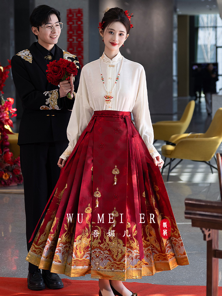 Комплект с юбкой в форме лошади, 2025, новое китайское, платье для помолвки, невеста, гофрированное платье, ханфу, свадебное платье для женщин