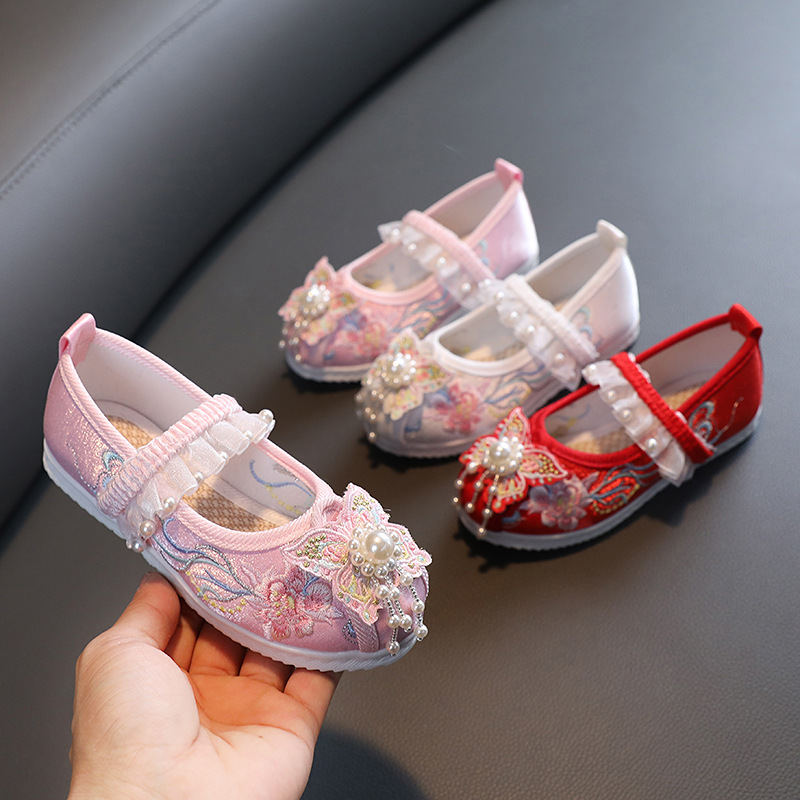 Spring Girls' Han Dynasty Shoes, Kidsren's Old Beijing Soft-Soled Cloth Shoes, Antique Shoes, Embroidered Shoes, Cute Baby Princess Shoes