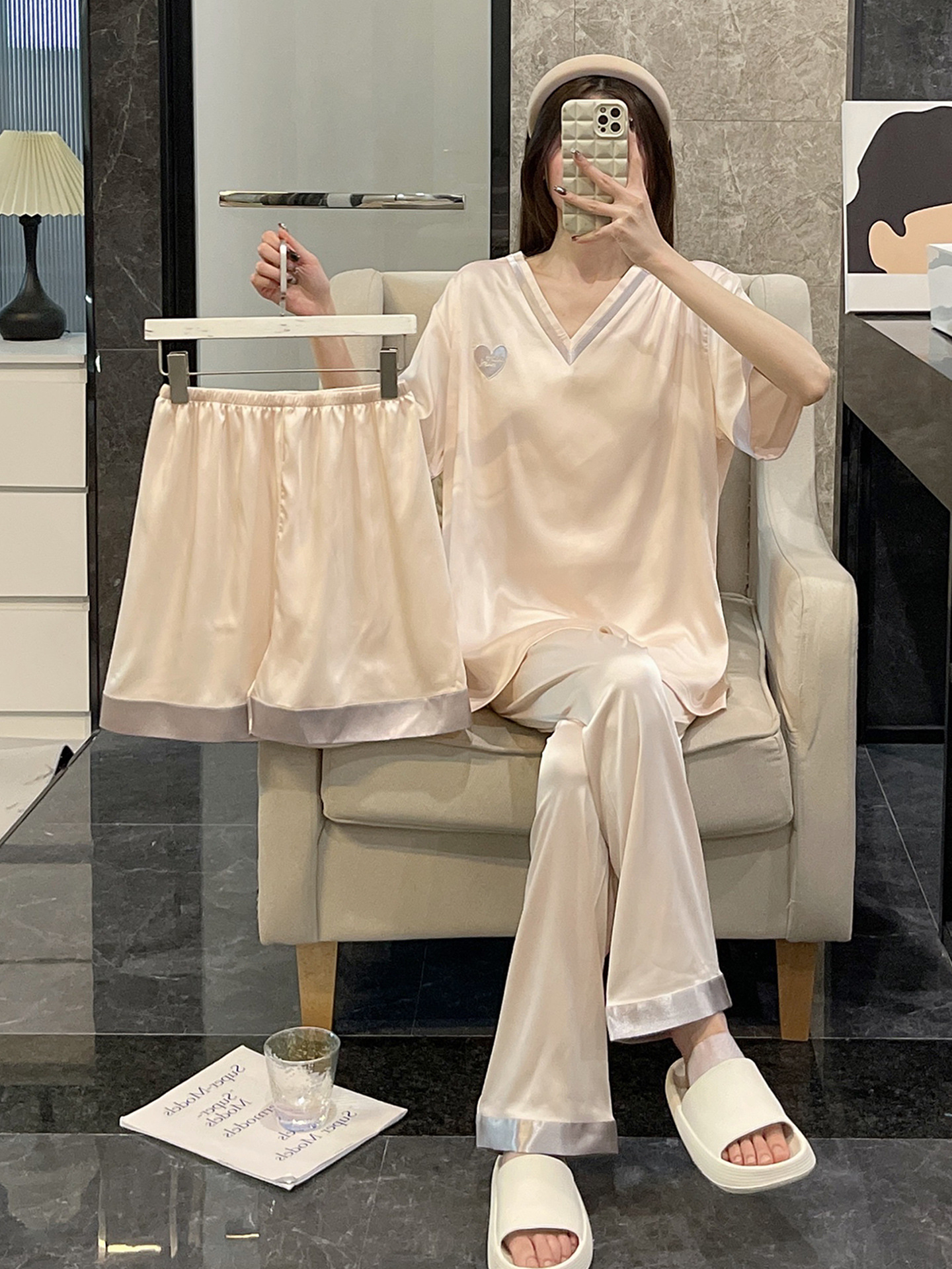 Summer Short-Sleeved Silk Thin Three-Piece Suit Ice Silk Pajamas for Women to Wear Outside Large Size Cool Spring & Fall Home Clothes