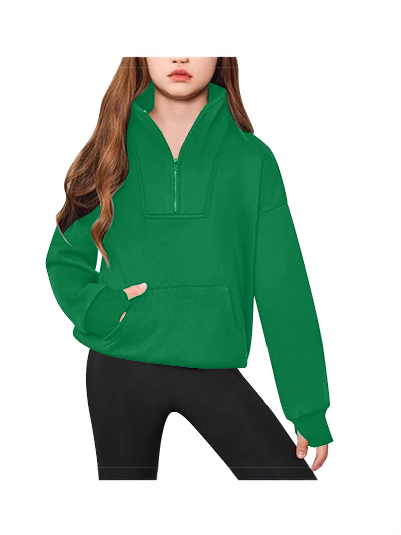 Boys' and Girls' Half-Zip Vertical Collar Sweatshirt Patch Pocket Long-Sleeved Thumb Hole Pullover Spring and Autumn Children's Top Sweatshirt