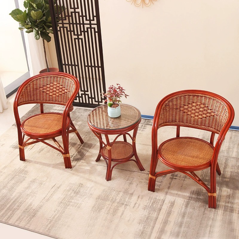 Real rattan chair three-piece leisure balcony single rattan backrest home small Tea Table Table and Chair combination elderly chair