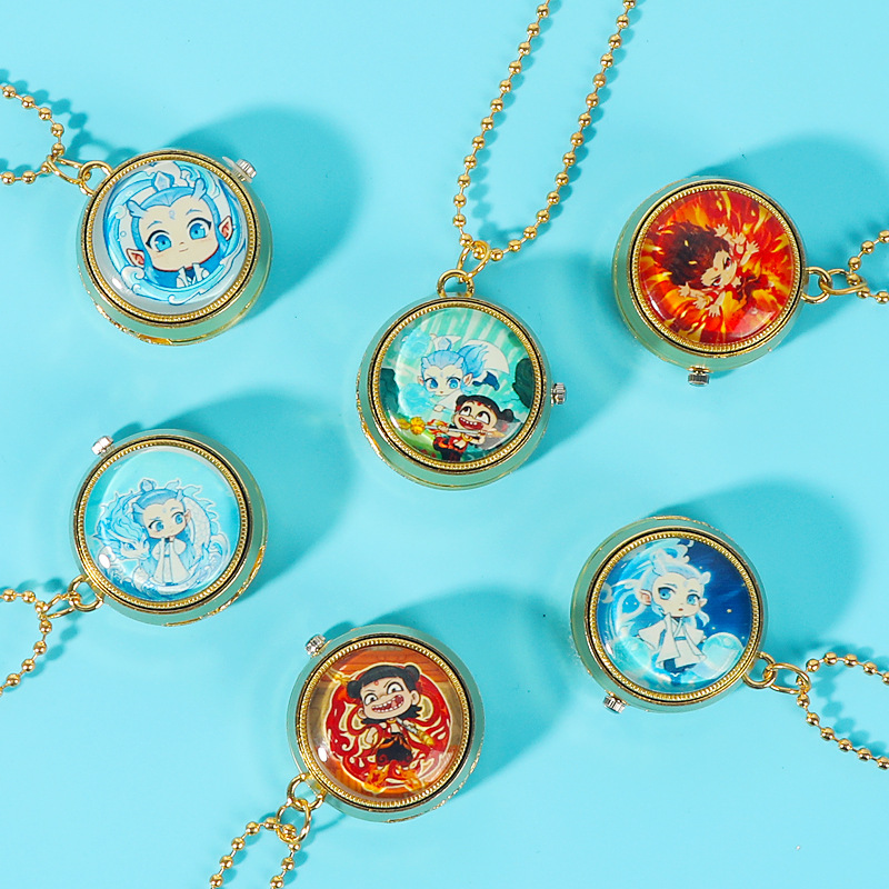 Cartoon Pocket Watch Mini Nezha Bing Anime Watch Necklace Hanging Watch Rotating Flip Watch Kindergarten Gift Children's Watch