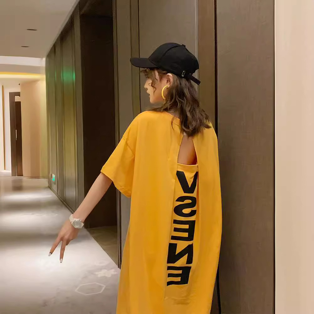 Summer Korea 100kg Plus Size Dress Women's Long Backless Loose Long Skirt Large Size Short-Sleeved Maternity T-Shirt Dress