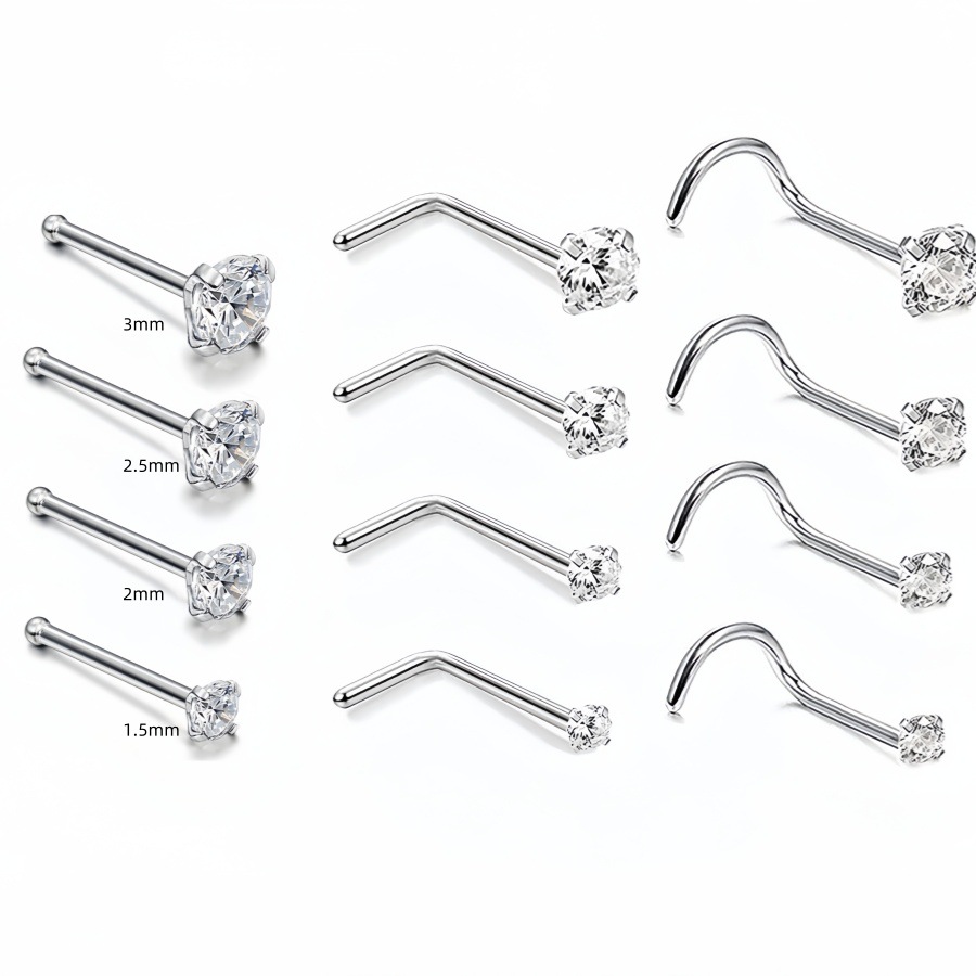 Cross-border Classic Mini Stainless Steel Zircon Nose Stud Earrings Straight Bar Type L Type S Type Nose suit Body Wear