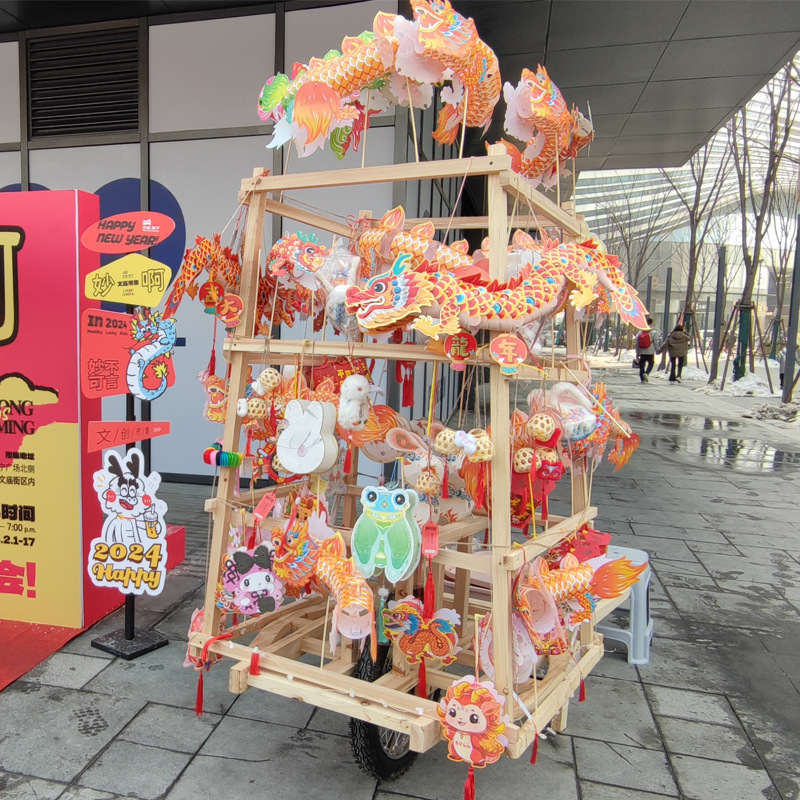 Traditional Cart, Peddler, Traditional Mobile Dragon Lantern, Festive Cart, Cultural Cart, Traditional Intangible Cultural Heritage Lantern, Folk Culture Fish Lantern