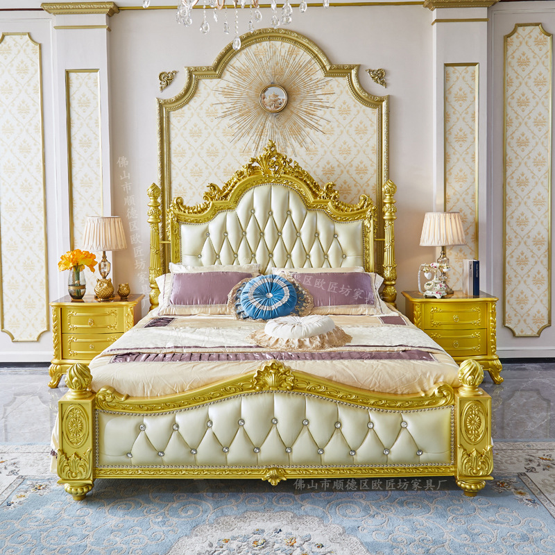 European Leather Double Bed Hand-Carved French Style 1.8m Double Bed Master Bedroom Solid Wood Leather King Bed 2m Wedding Bed