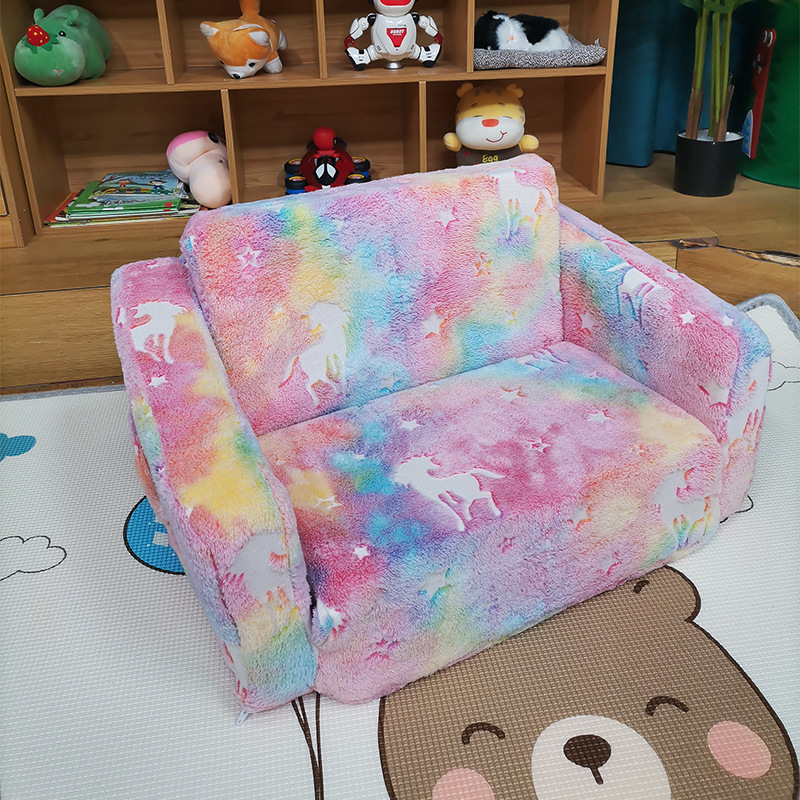 Glowing Cartoon Children's Sofa Chair with Printed Single-Seat Compressible Roll-Up Sponge, Star and Unicorn Pattern, Portable