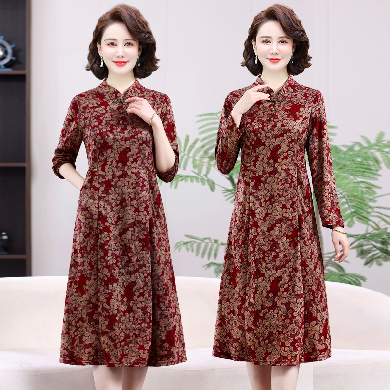 2025 Spring New Vintage National Style Improved Cheongsam dress Elegant Mid-length Printed Skirt