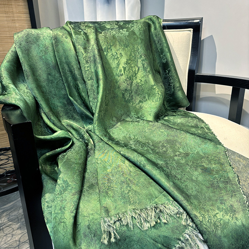 Cold March Jacquard Fragrant Cloud Gauze Fabric National Style Cheongsam Dress Clothing Silk Fabric Green Flower Dill Han Dynasty