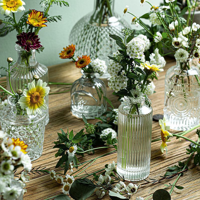 Glass Bottle Mini Small Vase Ins Style Desktop French Style Flower arrangement Light Luxury Embossed Small Transparent Small Caliber