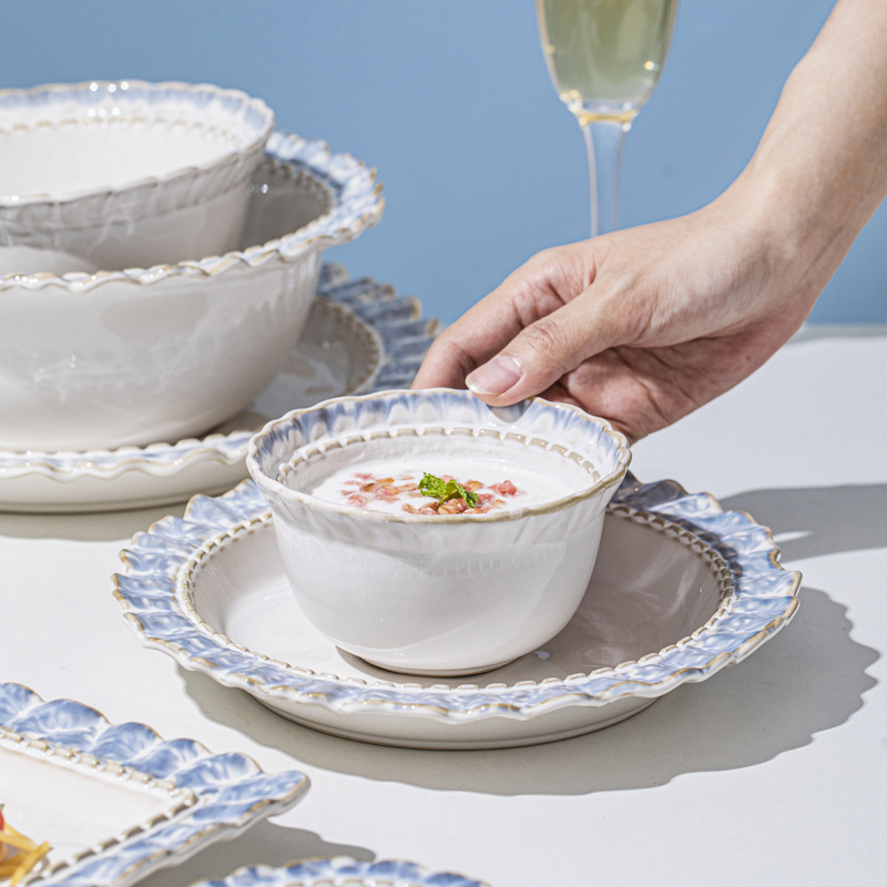 Smoke Blue tableware creative series bowl and dish set kiln change simple household ceramic underglaze color Rice Bowl factory wholesale