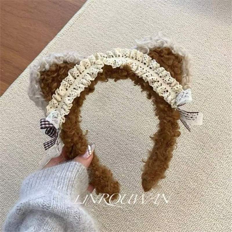 Little Bear Picking Stars |   Autumn and Winter New Cute Plush Bear Headband Sweet Lace Bow Face Wash Headband
