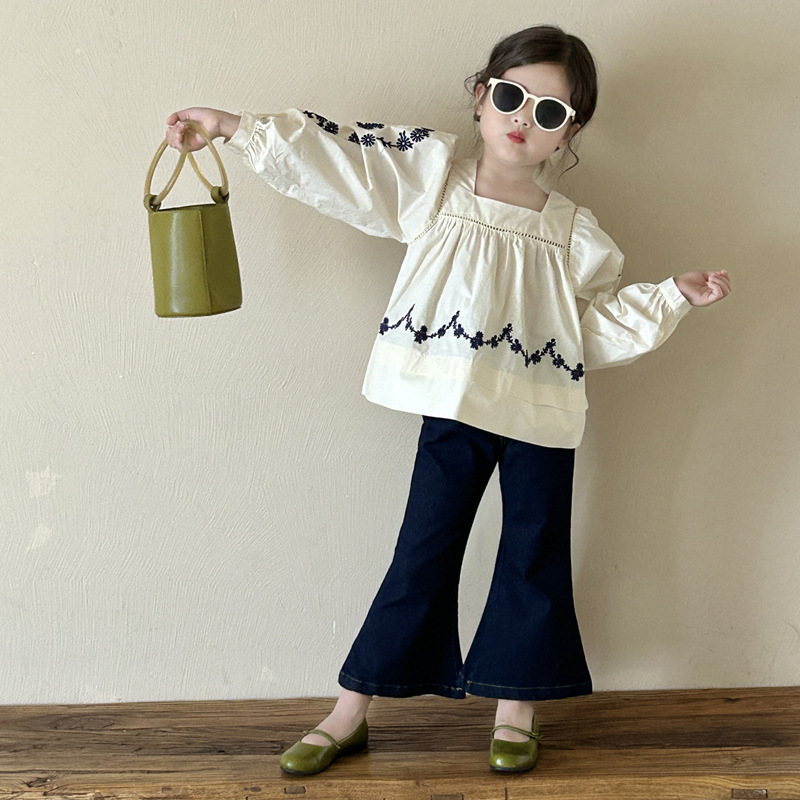 Корейская рубашка для детей, новая весна 2025 года, рубашка с квадратным воротником для девочек, свободные джинсы