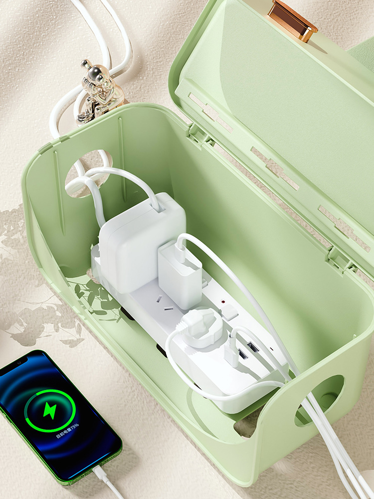 Light luxury plug board storage box power data cable organizing artifact charger desktop socket cable organizer with lid