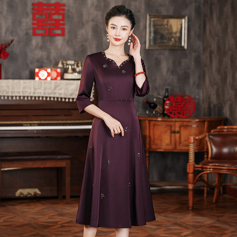 Элегантное платье весна новое, женское платье чонгсам с V-образным вырезом для свекрови