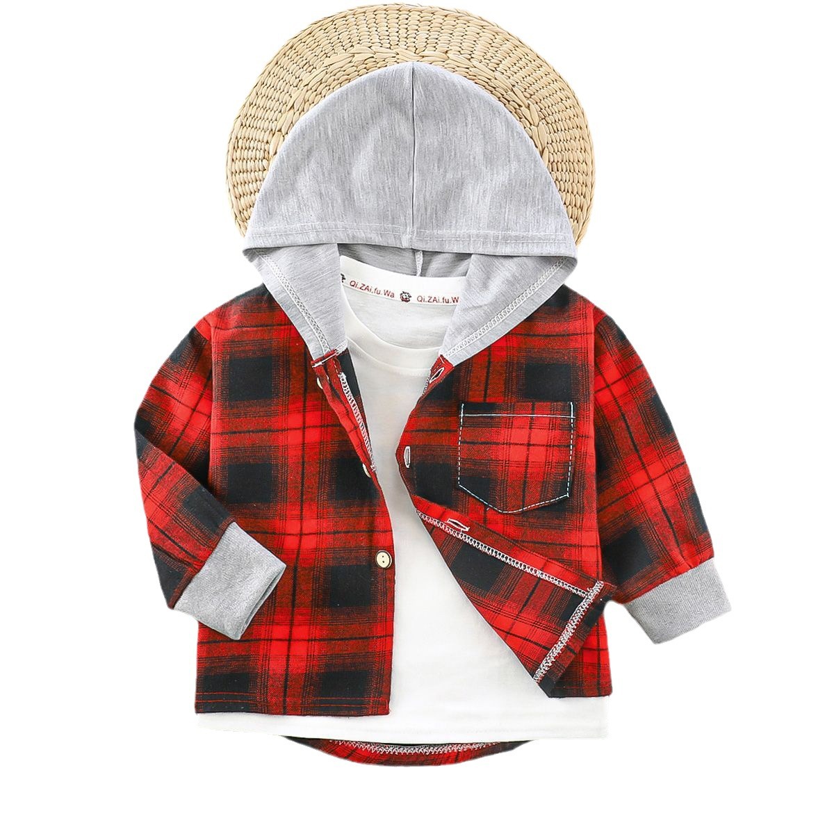 Children's long-sleeved shirt Plaid baby spring and autumn clothing top children's cardigan shirt Western style children's spring and autumn hooded