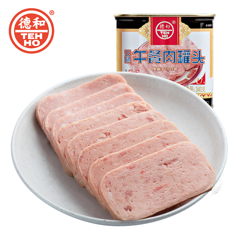 Dehe Canned Luncheon Meat Hot Pot Camping Sandwich Instant Food Whole Box Wholesale Catering Commercial Ham Canned Food