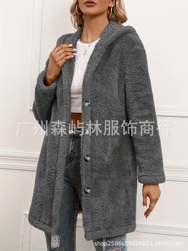 Cross-border European and American New Flannel Mid-length Plush Jacket Loose Hooded Casual Button Long Sleeve Autumn and Winter Cardigan