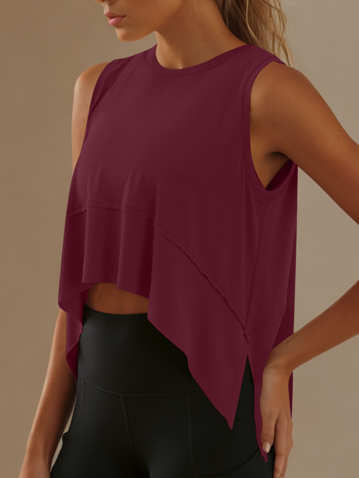 2025 European and American New Sleeveless Round Neck Irregular Top Sports T-shirt Stitching Loose Casual Yoga Vest for Women