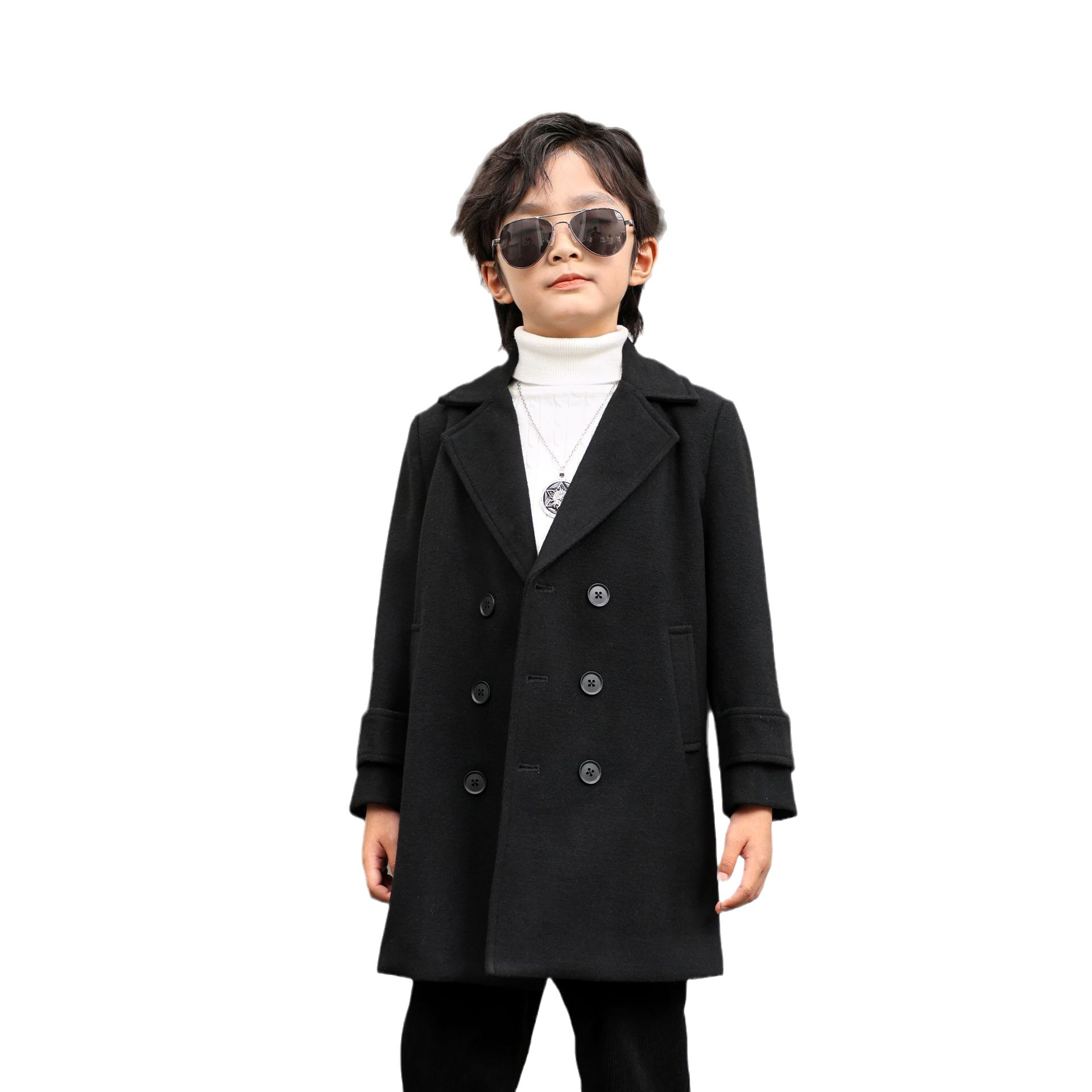 2023 new autumn and winter boys' double-breasted Western style woolen coat thickened children's lapel mid-length woolen coat