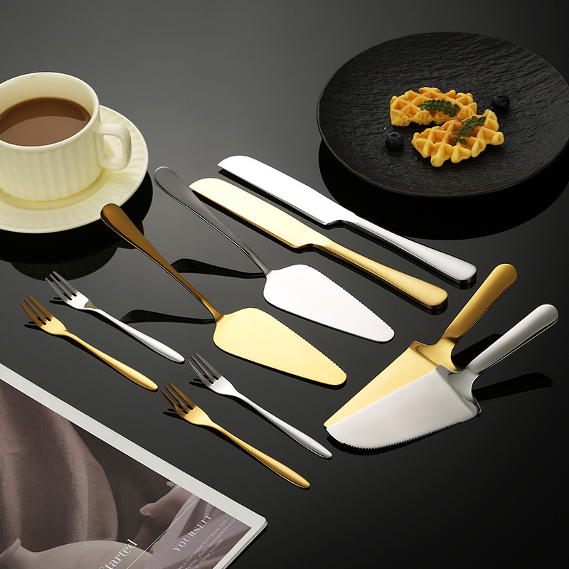 Stainless steel cake shovel manufacturers moon cake knife and fork bread knife with teeth triangle shovel fruit fork suit baking tools