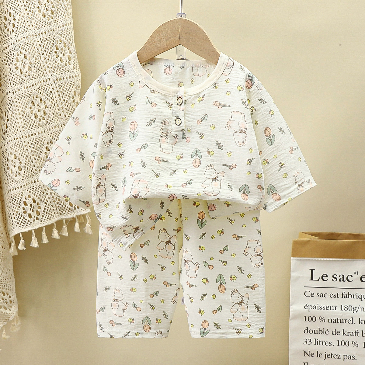 Children's Popular Summer Home Clothes Set with Mid-Sleeve for Boys and Girls, Cloud Cotton Thin Air-Conditioned Clothes, Mid-Pants, Casual Pajamas