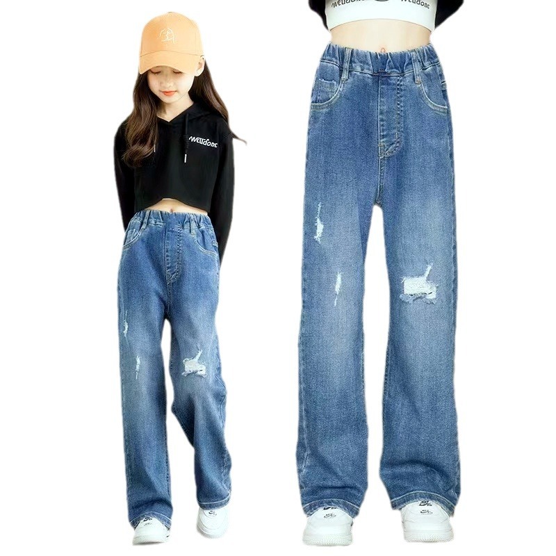 Girls' Cargo Jeans Spring and Autumn New Factory Children's Clothing Wholesale Big Kids Straight Loose Wide-Leg Children's Pants