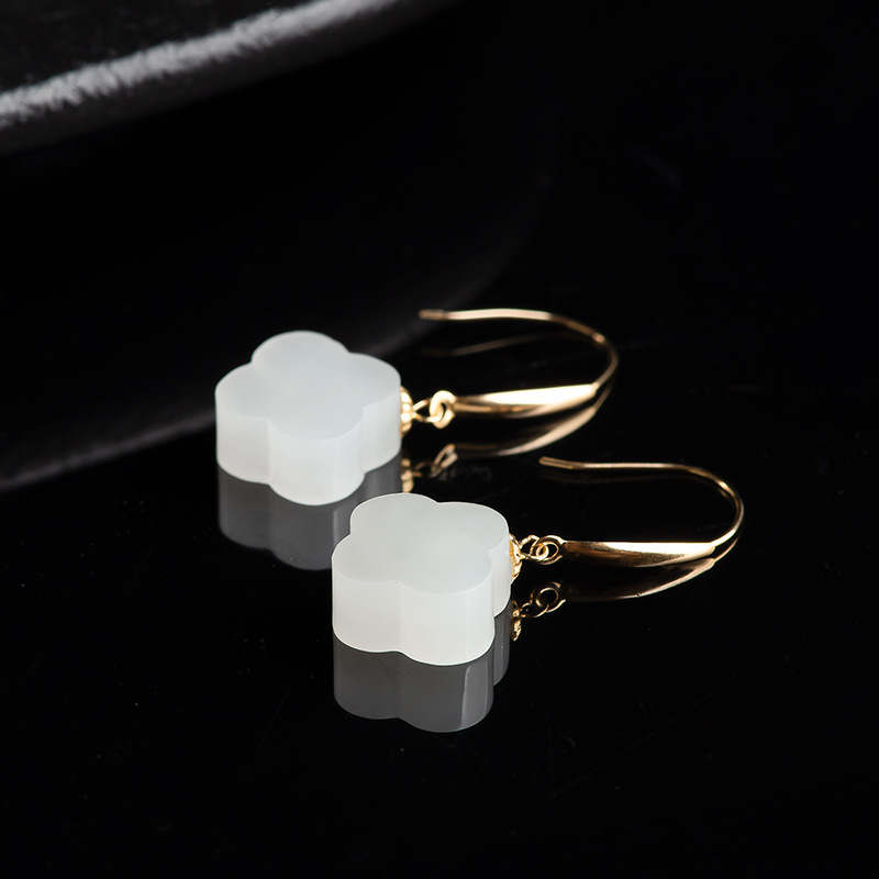 Old material Hetian Jade White Jade four-leaf clover earrings genuine 18K gold inlaid natural jade earrings earrings Women's