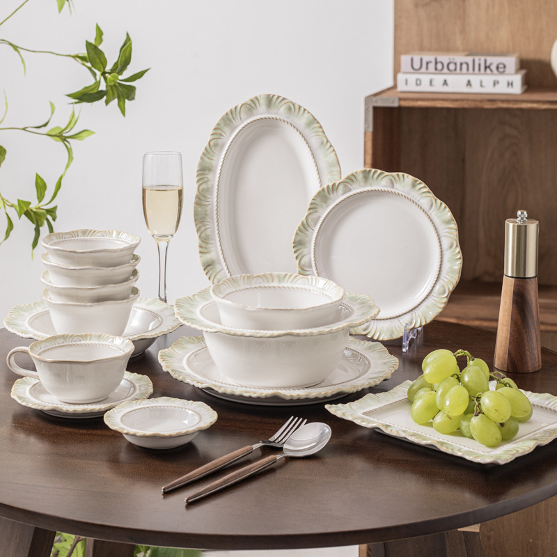 Набор посуды новой зеленой серии в стиле ins: керамическая посуда, рисовая миска, оптовая продажа ретро кружева