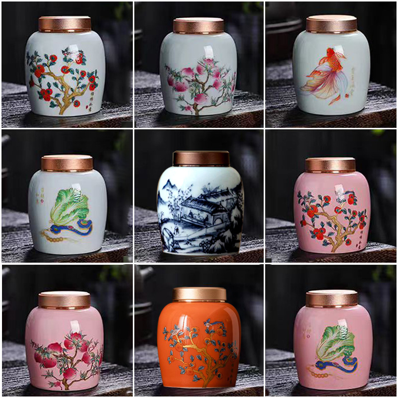 Alloy Lid Tea Can Ceramic Small Can Persimmon Persimmon Ruyi Storage Can Small Tea Storage Can Plaster Medicine Can Moisture-Proof Ceramic Can