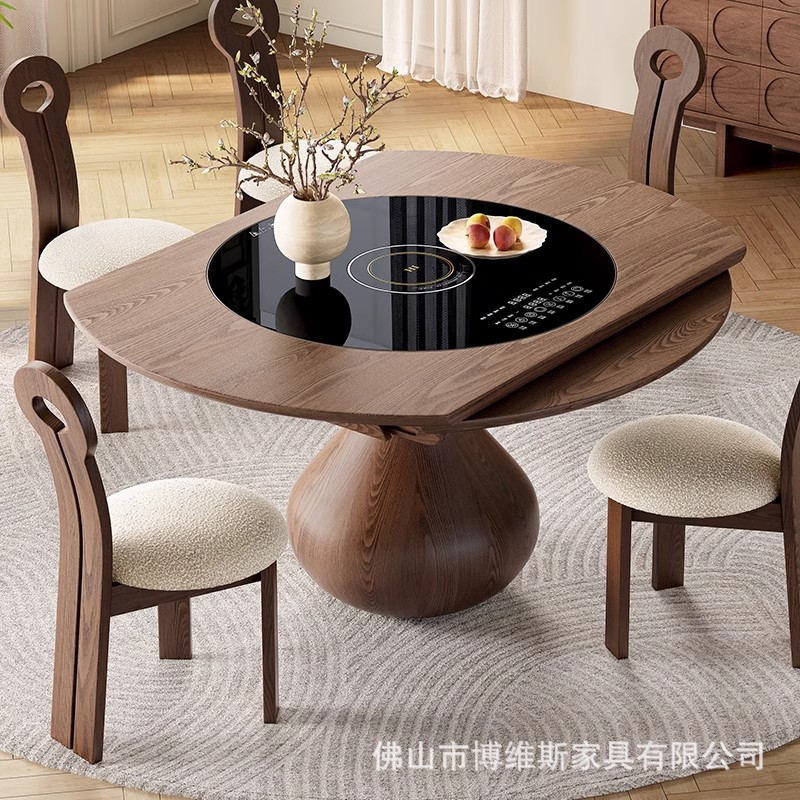 Medieval Style Solid Wood Water Drop Dining Table Retractable Built-In Induction Cooker Warming Turntable Home Retro Style Folding Round Table