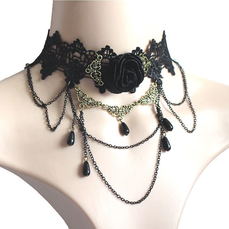 Cross-Border Hot Selling Retro Gothic Gemstone Drop Necklace Black Choker Collar Clavicle Chain Rose Necklace