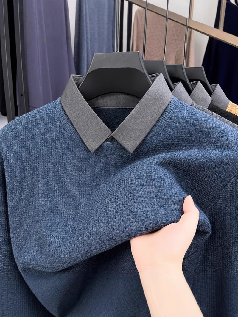 Men's Autumn and Winter fleece-lined Thickened Wool Fake Two-piece Sweater Men's Fashion Korean Casual Base Sweater Shirt