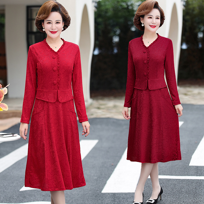 Модное платье для мамы с комбинированным дизайном, средней длины, для женщин среднего и пожилого возраста, большой размер, длинный рукав, новое весеннее платье