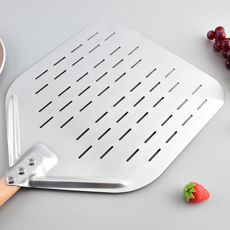 Wooden Handle 430 Stainless Steel Hollow Pizza Shovel Oven Shovel Kitchen Baking Cake Transfer Shovel Pizza Flip Tool