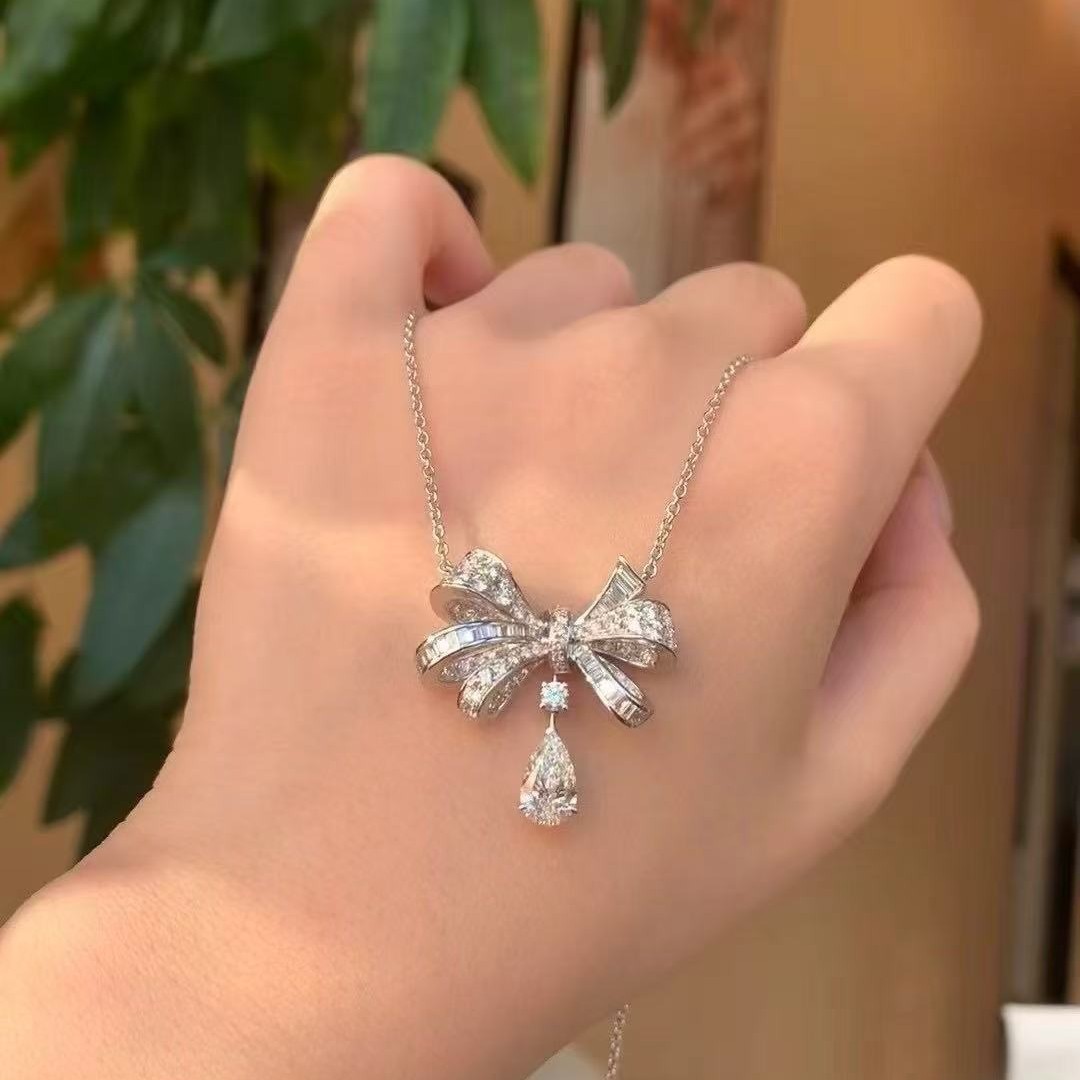 Полный бриллиант, циркон, кулон в форме банта, каплевидный, простой, элегантный, цепочка для ключицы