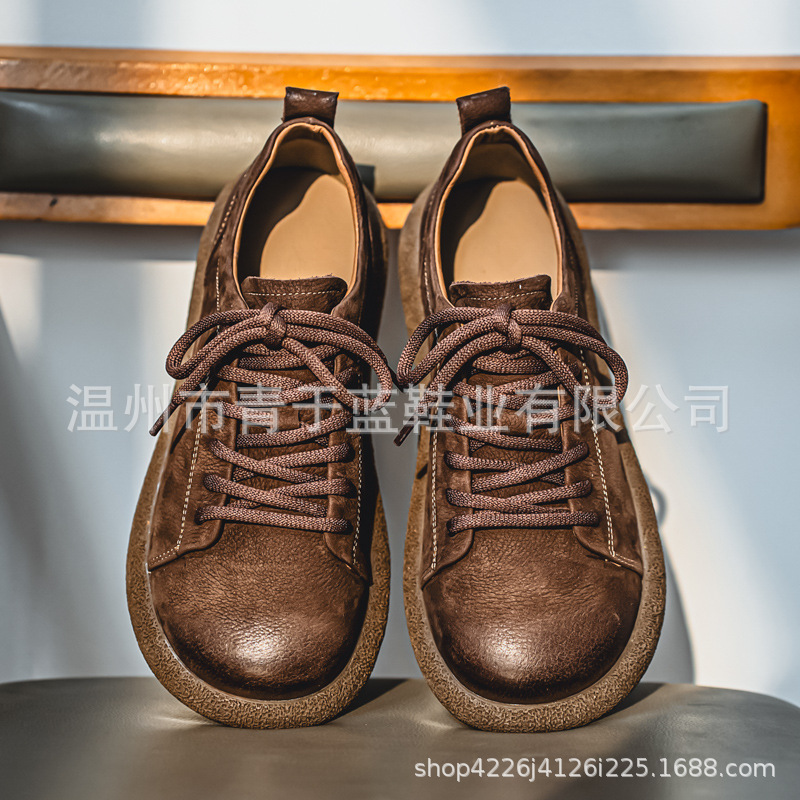 Men's Casual Leather Shoes Spring and Autumn New Genuine Leather British Vintage Thick-soled Tooling Shoes Soft Leather Soft-soled Low-top Single-layer Shoes for Men