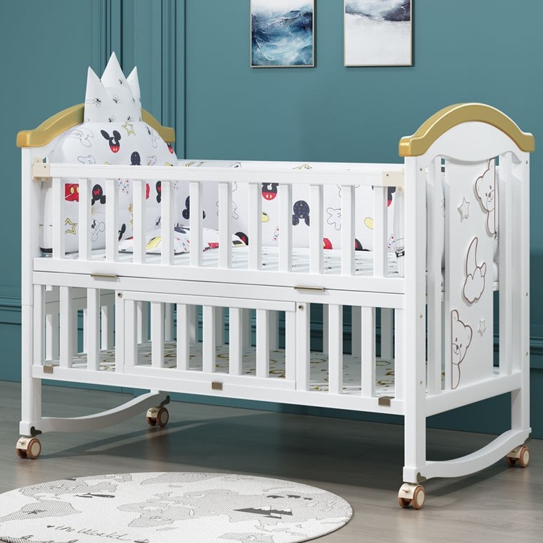 Aimeng crib solid wood bed European-style movable newborn multi-functional baby cradle children splicing solid wood bed