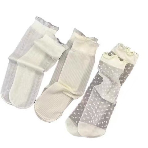 Summer Thin Ice Silk Women's Socks Lolita Princess Fairy Pile Socks Cute Lace Polka Dot Stockings Summer Stockings