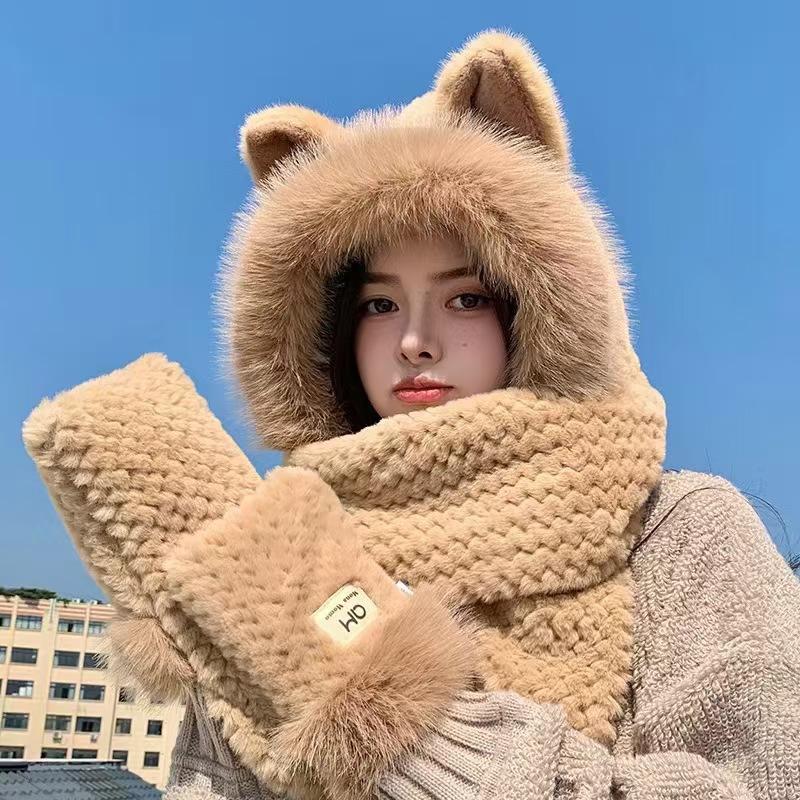 Hat Autumn and Winter Women's Hat Scarf All in One Cute High-End Fleece-Lined Thickeneded Windproof Warm Plush Hat Winter