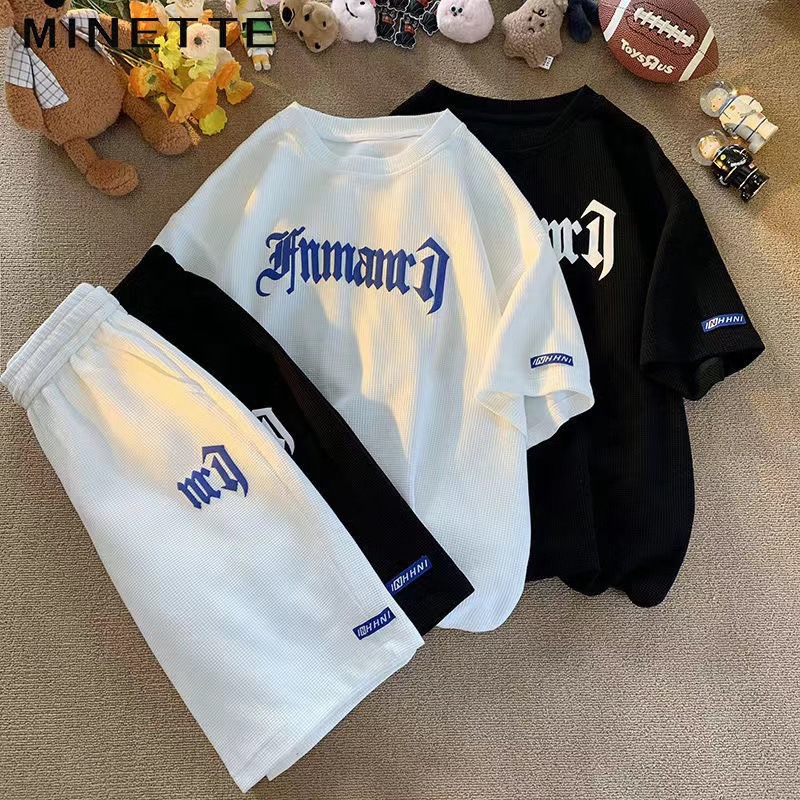 Cross-border waffle casual suit men's summer ice silk short sleeve T-shirt men's suit with sports clothes wholesale