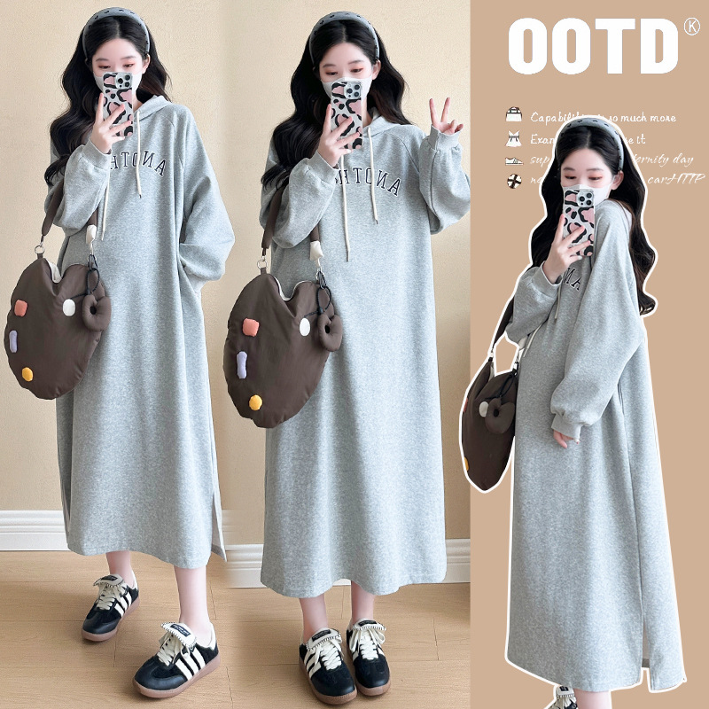 Платье для беременных в корейском стиле, весеннее и осеннее, длинное, модное, свободное, миди