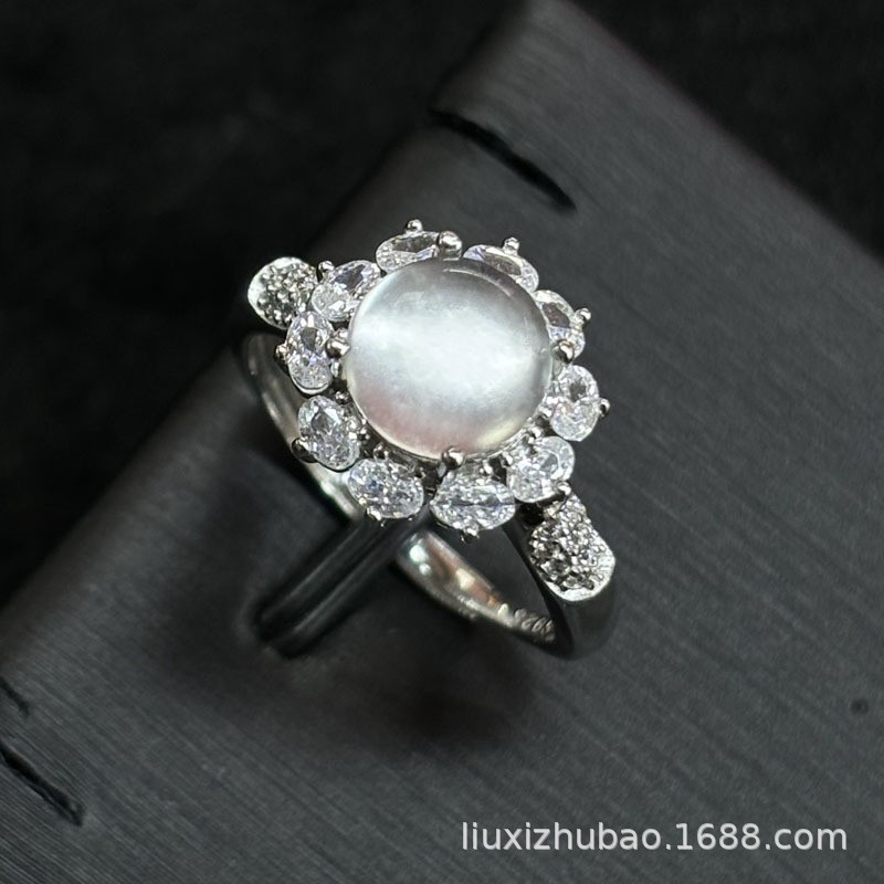 S925 silver inlaid green chalcedony ring full diamond silver inlaid live water foam jade ring silver inlaid water foam ring wholesale