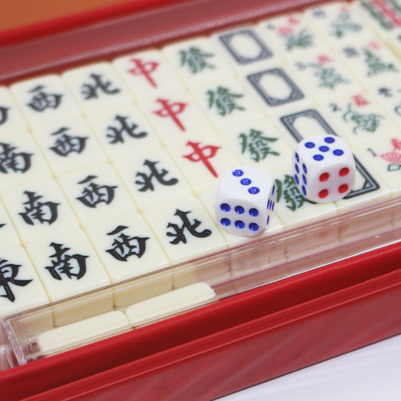 Wholesale long box travel mahjong melamine travel mahjong mini portable with 4 cards ruler