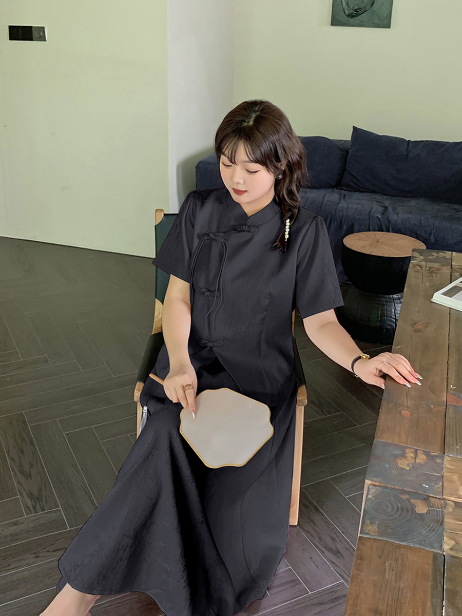 A488 Xuanchen Slightly Fat Large Size New National Style Series Elegant Jacquard Cheongsam Two-Piece Summer Style Belly-Covering Suit