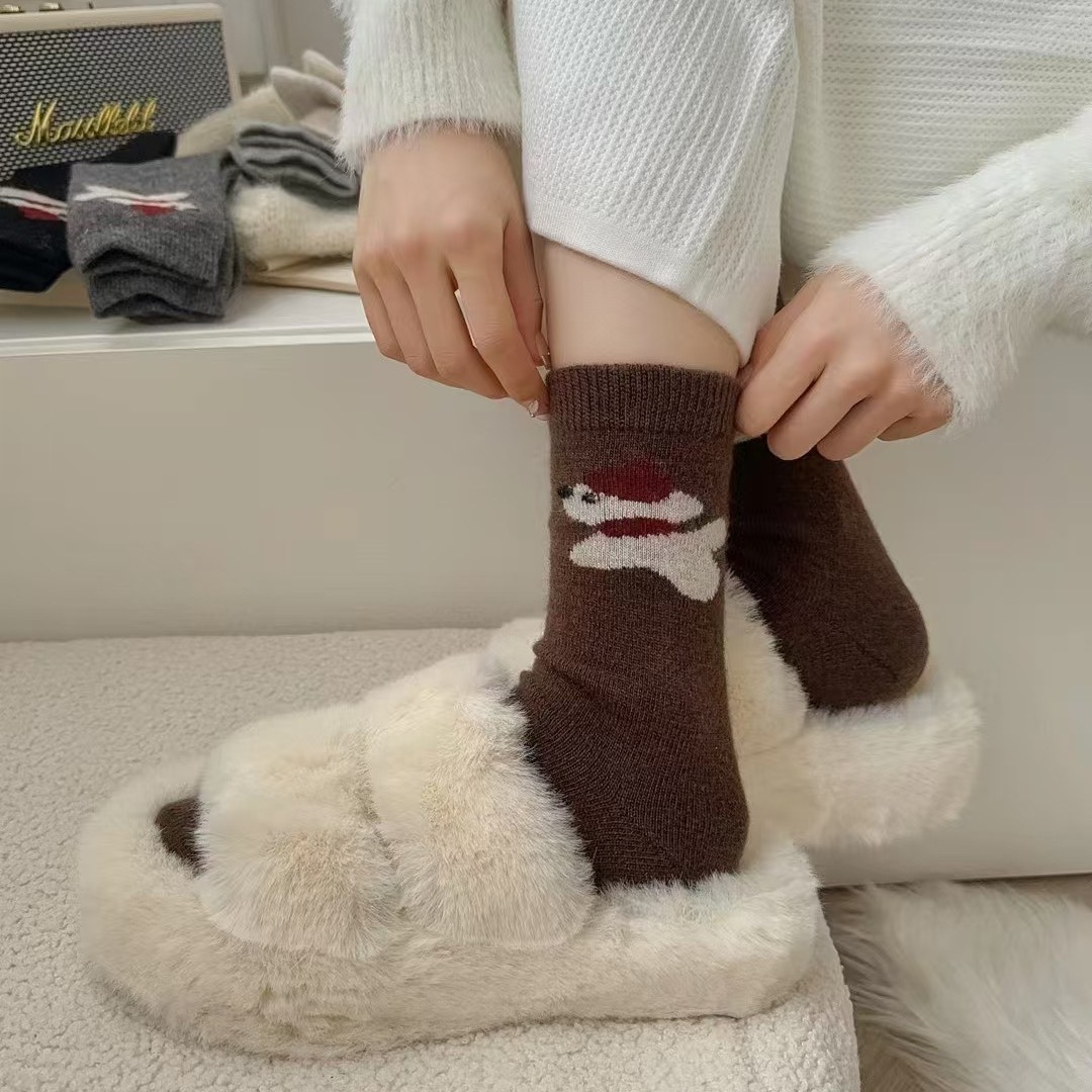 Wool Socks Autumn and Winter Mid-Calf Socks Japanese Style Warm Thick Socks Cute Cartoon Neck Warmer Puppy Seamless Coffee Color Women's Socks
