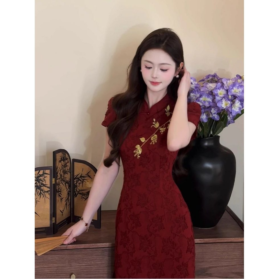 [Huayue] New Chinese-style Contrast Embroidered Fake Two-piece Improved Cheongsam Slim-fit New Cool Slimming dress
