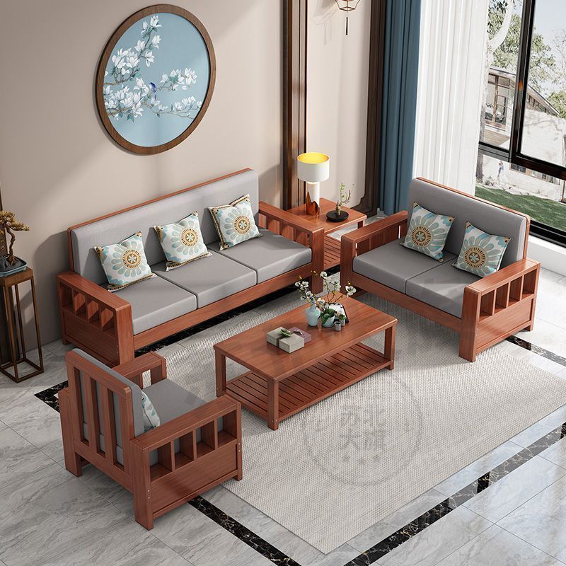 Full Solid Wood Sofa New Chinese Style Household Combination Small Apartment Pine Wood Sofa Living Room Three-Seat Wooden Sofa Economical
